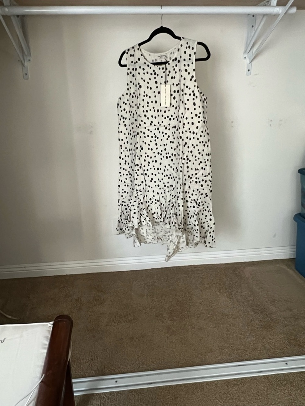Women pure linen Polka Dot Sleeveless Midi Dress with Ruffle Hem - beige/Black
